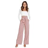 Odizli Paperbag Hosen Damen Elegant High Waist Culottes Palazzo Hosenrock Lang Weite Hose Sommer Business Festlich Stoffhose Marlenehose Anzughose Schlupfhose Freizeithose mit Gürtel Rosa L