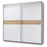 PULS Eleganter Kleiderschrank mit viel Stauraum - Vielseitiger Schwebetürenschrank in Weiß, Bauchbinde Sonoma Eiche - 215 x 210 x 58 cm (B/H/T)