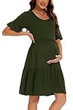 Smallshow Damen Umstandskleid Kurzarm Sommer Schwangerschafts Umstandsmode Kleid Army Green M