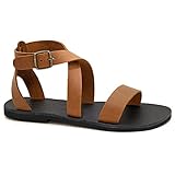 40 Dunkelbraun Emmanuela Griechische handgefertigte flache Ledersandalen, Knöchelriemensandalen mit verstellbarer Schnalle, Sommerschuhe mit Knöchelmanschette, Riemchensandalen mit offenen Zehen