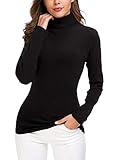 EXCHIC Damen Casual Tailliert Rollkragen Pullover Solide Langarm Elastisch Sweatshirts (L, Schwarz)