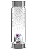 VitaJuwel ViA FLOWER OF LIFE - Wasserflasche aus Glas (0,5l) mit Amethyst, Aquamarin, Bergkristall & Blume des Lebens