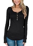 Damen Herbst Henley Shirt Rundhalsausschnitt mit Knöpfen Freizeit Elegant Langarmshirt Schwarz L