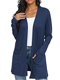 QIXING Casual Leichte Strickjacke Damen Lang Elegant Dünne Strickjacke Lange Ärmel mit Taschen Open Front Cardigan Damen Herbst (Marineblau, XXL)