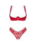 Selente Love & Fun verführerisches Damen Unterwäsche-Set aus BH, Slip & exklusiver Satin-Augenbinde, Made in EU (XS-S, Rot-Hebe-BH-Ouvert)