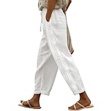 Puimentiua Sommerhose Damen Leicht,7/8 Weiß Leinenhose,Sommer High Waist Hosen,Elegant Stoffhose,Women Linen Lace Pants,Luftig Lockere Spitze Hose mit Tunnelzug und Taschen (02- Weiß,M)