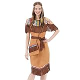 WELLCHY Indianer Kostüm Damen, Kostüm Indianerin Kleid Lang mit Tasche und Stirnband, Erwachsenenkostüm Indianerin Damen, Faschingskostüm Indianerin für Karneval, Mottoparty (M)