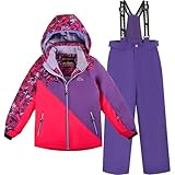 SMONTY Kinder Schneeanzug für Mädchen Winter Skijacke & Hose Set Kapuzenträger Set Winddicht Wasserdicht Warm(Rot Lila Bunt Rot, 8-9)