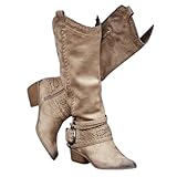 KJCQGQTZ Cowboystiefel Damen Breite Wade, Mode spitzer zulaufende klobige Absätze Leder Halbhohe Stiefel, Winter Schlüpfen Gesticktes Western Cowgirl Kniehoch lang Ritterstiefel,Brown02,38 EU