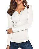 Damen Shirt Langarm V-Ausschnitt Basic Oberteile Button Casual Pullover Einfarbig Langarmshirt(Weiß,Small)