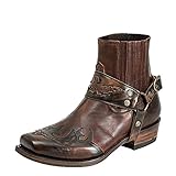 SKYOLL Herren Vintage Römischer Lederstiefel Retro Cowboy Winterstiefel Western Cowboystiefel Freizeitschuhe Biker Boots mit Schnalle Motorradstiefel Stiefeletten