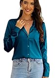 CBOO Elegante Satin-Blusen für Damen, weiche Seidenhemden, Oberteil, Satin-Knopf-Down-Shirts, Büro-Langarmblusen-Shirt, Indigo/Mandala-Traum, Groß