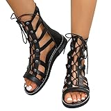 Onsoyours Schuhe Damen Sandalen Gladiator Römersandalen Sommer Strandsandals Riemchensandalen Knie Hohe Stiefel Peep Toe Schnürschuhe Elegant Kniehohe Freizeitsandalen B Schwarz 39 EU