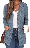 GRECERELLE Damen Leichte Strickjacke Lang mit Taschen und Knöpfen Long Elegant Cardigan V-Ausschnitt Knopfleiste mit Taschen für Damen (Hellblau, XL)