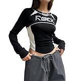 Frauen Y2K Vintage Printed Crop Top Grunge Cute Long Sleeve Tee Streetwear (5-Black, S)