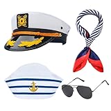 IWTBNOA Kapitän Matrosen Kostüm Set, 4 Stück Kapitänsmütze Matrosenmütze Schal und Sonnenbrille, Yacht Kapitän Mütze, Marineblaue Hüte Streifen für Erwachsene Marineblaues Verkleidungsparty