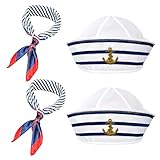 Kapitän Matrosen Kostüm Set 2 Packungen Streifen Matrosenmütze und Schal Set Streifen Matrosenmütze und Schal Set Matrosenschiff-Kappe marineblaues Outfit Verkleidungsparty für Damen und Herren