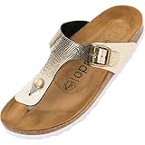 Palado Damen Zehentrenner Kos Titano - Modische Pantoletten mit Natur Kork-Fussbett - Frauen Hausschuhe Sohle aus feinstem Veloursleder - bequeme Sandalen Gold UK7 - EU40