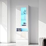 soges LED-Beleuchteter Vitrinenschrank Weiß Hochglanz mit Glastüren 50x40x180 cm, Multifunktionaler Aufbewahrungsschrank für Wohnzimmer