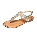 JOMIX Sommer Sandalen Damen Flache Zehentrenner Römersandalen Elegante Flip Flops Weiche Fußbett Strandschuhe Outdoor (Gold Größe Klein 1 Nummer, 40 EU)