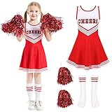 MAXHJX Cheerleader Kostüm Kinder Kleid: Faschingskostüme kinder Cheerleading - Cheer Uniformen mit Pompons Socken für Halloween Dress Up Fasching Party Kostüm (Rot, 140(8-9 Jahre))