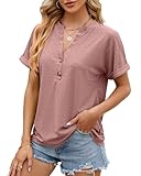 Damen Öse T Shirt Frühling Sommer Kurzarm Knopfleiste Bluse V Ausschnitt Locker Top Oberteile Tunika 2024