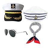 MIVAIUN 4 Stück Kapitän Matrosen Kostüm Set Yacht Kapitän Mütze Matrosenmütze Schal Sonnenbrille Marineblaue Hüte Streifen Matrosenmütze für Erwachsene Marineblaues Verkleidungsparty(4 Stück)