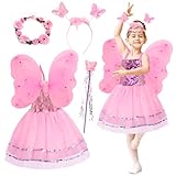 RANJIMA 5 Stück Fee Kostüm Mädchen Schmetterling Kostüm Kinder mit Feenflügel Kinder Tüllrock Blumenkranz Schmetterling Haarreif Zauberstab,Cosplay Ostern Party Faschingskostüm Zubehör-Pink