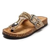 JOMIX Flach Zehentrenner Glitzer Sandalen Damen Badeschuhe Schlappaen Sommerschuhe Bunt Duschhausschuhe Strand Sandal (Beige, 39 EU, SD9190)