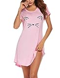 Ekouaer Nachthemd Damen Sommer Kurzarm Nachtwäsche Negligees süß Schlafhemd T-Shirt Sleepshirt let me Sleep rosa M