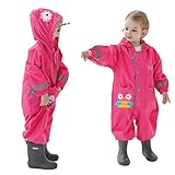 Baogaier Regenmantel Kapuze Baby Mädchen Atmungsaktiv Wasserdicht Leicht Regenanzug Einteilig Outdoor Regenponcho Overall Regen Softshelljacke Rosenrot Eule für Sport Schulaktivität Kinder 1-2 Jahre