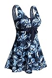 Ecupper Badeanzug Damen Elegant Einteiliger Badeanzug mit Brustpolster Badeanzugkleid mit Schleife Badeanzug Große Größe Blaue Feder 4XL