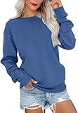 VIGVAN Damen Sweatshirt Pullover Elegant Basic Langarmshirt Rundhals Baumwolle Pulli Herbst Winter Casual Oberteile Langarm Tops (Blau, L)