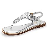 PIZZ ANNU Flache Sandalen Damen Flip Flops Flach Schuhe Sandaletten Sommer Freizeit Zehentrenner mit Glitzer Dekoration Silber 41 EU Schmal