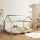 [en.casa] Kinderbett Cerro Hausbett Jugendbett Bett in Haus-Optik Montessori Bett aus massiver Kiefer Bettgestell mit Lattenrost Grau 140x200cm