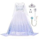 LiUiMiY Eiskönigin Prinzessin Elsa Kostüm Mädchen Kleid Karneval Verkleidung Party Geburtstagsfeier Halloween Fest Cosplay mit Zubehör, Weiß, 116-122 (Etikett 120)