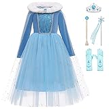 KANDEMY Mädchen Prinzessin Elsa Kostüm Eiskönigin Kleid mit Umhang Prinzessinnen Elsa Kleider Kinder Geburtstag Karneval Fasching Kostüme Cosplay Verkleidung Party Blau-K35 140