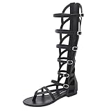 Etebella Damen Knie Hoch Gladiator Sandalen Flache Zehentrenner Reißverschluss Römersandalen Sommer Cutout Strandschuhe(Schwarz,36)