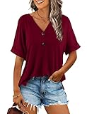 Beluring Blusen Damen Kurzarm Longtop Sommer V Ausschintt Knopfleiste T Shirt Weinrot S