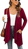 Yommay Strickjacken für Damen Elegante Langarm Damen Lässig Licht Cardigan High Low Saum mit Taschen,Weinrot,Groß