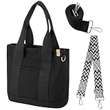 Halinuia Handtasche Canvas Tasche Damen, Tote Bag, Umhängetasche Damen Schultertasche Mode Tote Tasche mit Vielen Fächern Austauschbar Gurt für Umhängetasche für Schule Arbeit Alltag Lässige(Schwarz)