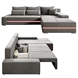 Juskys Sofa Davos Rechts mit Schlaffunktion - Ecksofa für Wohnzimmer mit Bettkasten & LED - Stoff Schlafsofa L Form Couch Beleuchtung - Hellgrau