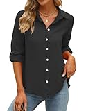 Blusen Damen Sexy Knopfleiste 3/4 Ärmel Bluse Lässige V-Ausschnitt Langarmshirt Leichte Dreiviertelarm Lockerer Dressy Karriere Leinen Festlich Schwarz Pullover Oberteile Shirts(Schwarz,Medium)