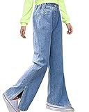 Onsoyours Mädchen Jean Hosen Loch Denim Blau Jeans High Waist Lange Schlaghose Denim Hose Vintage Hose mit weitem Bein für Kinder Fit Hellblau#2 11-12 Jahre
