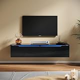 SUNXURY TV Schrank Hängend, TV Lowboard mit 12 Farben LED Beleuchtung, TV Möbel Tisch Board, Fernsehschrank mit Türen und Klappe, 140 x 35 x 30 cm Holz