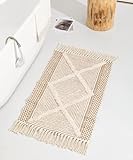 JaeMoose Baumwolle Teppich Getuftet Baumwollteppich Waschbar Retro Teppich Flur Teppich mit Quasten Marokkanisch Boho Teppiche für Wohnzimmer Schlafzimmer Eingangstür (Hellbraun, 60 x 130 cm)