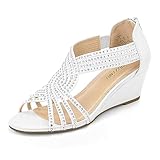 PIZZ ANNU Sandalen Damen Glitzer Strass Sandaletten mit Keilabsatz Reißverschluss Plateau Sommer Frauen Schuhe Keilsandalen Elegant Bequem Sommerschuhe Weiß EU 40