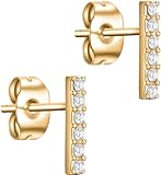 day.berlin Stab Ohrstecker in Gold 18k vergoldet, kleine Damen Ohrringe 10mm lang, 2mm breit mit Zirkonia Kristallen, 316L Edelstahl nickelfrei und wasserfest