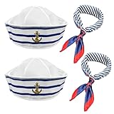 SKHAOVS Kapitän Matrosen Kostüm Set, Streifen Matrosenmütze und Schal Set,Matrosenschiff-Kappe, Einheitsgröße, Marine Outfit, Verkleidungsparty für Damen und Herren, Kostümzubehör (Blau)