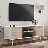 WAMPAT TV Lowboard Fernsehschrank Holz, Skandinavien TV Schrank 135 cm mit Push-to-Open Türen und Verstellbare Regal, Weiß und Eiche